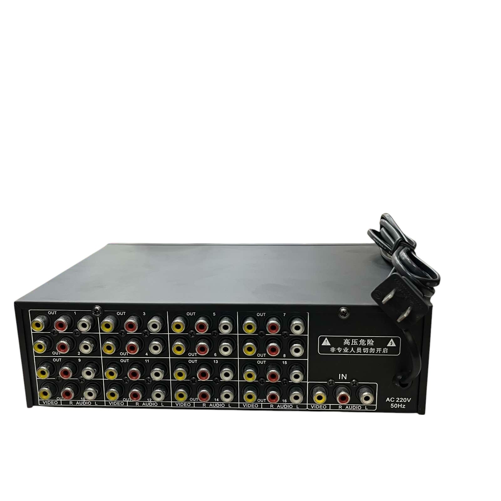 Grippes 16 port RCA audio video splitter with multiple input and output connections in black casing