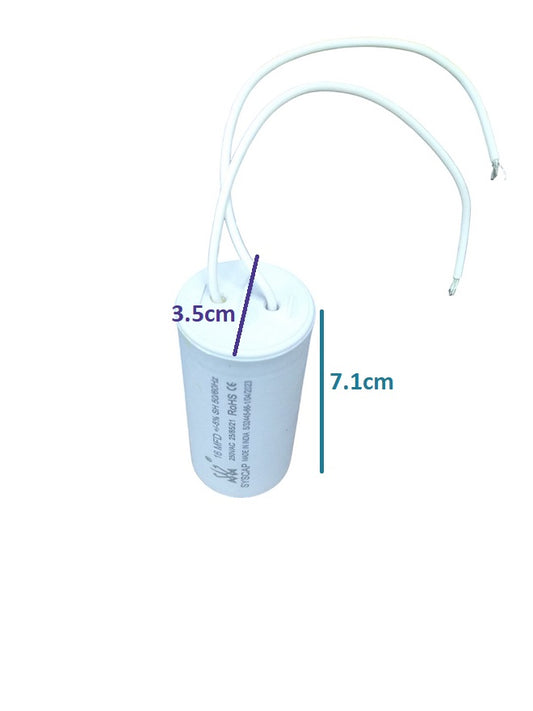 Syscap 16MFD 250V AC Running Capacitor with white cylindrical body and two white wires