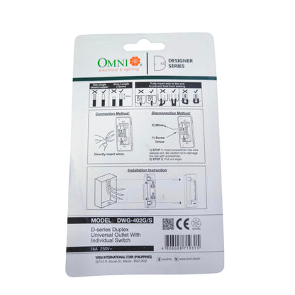 Omni Duplex Universal Outlet with Ground and Individual Switch 16A 250V Graphite Series