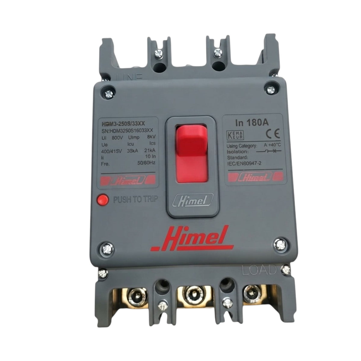 A HimeI electrical contactor with a gray plastic housing, a red central switch, and red printed branding on a white background.