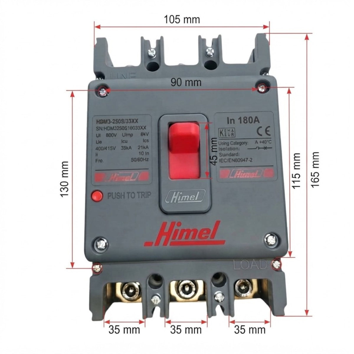 A HimeI electrical contactor with red dimension markings showing measurements of 105 mm, 90 mm, 130 mm, 115 mm, 165 mm, and 35 mm on a white background.