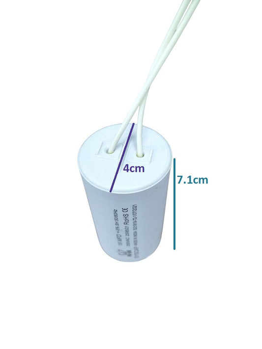 Syscap 18MFD 250 VAC Running Capacitor white cylindrical electrical component with two wires