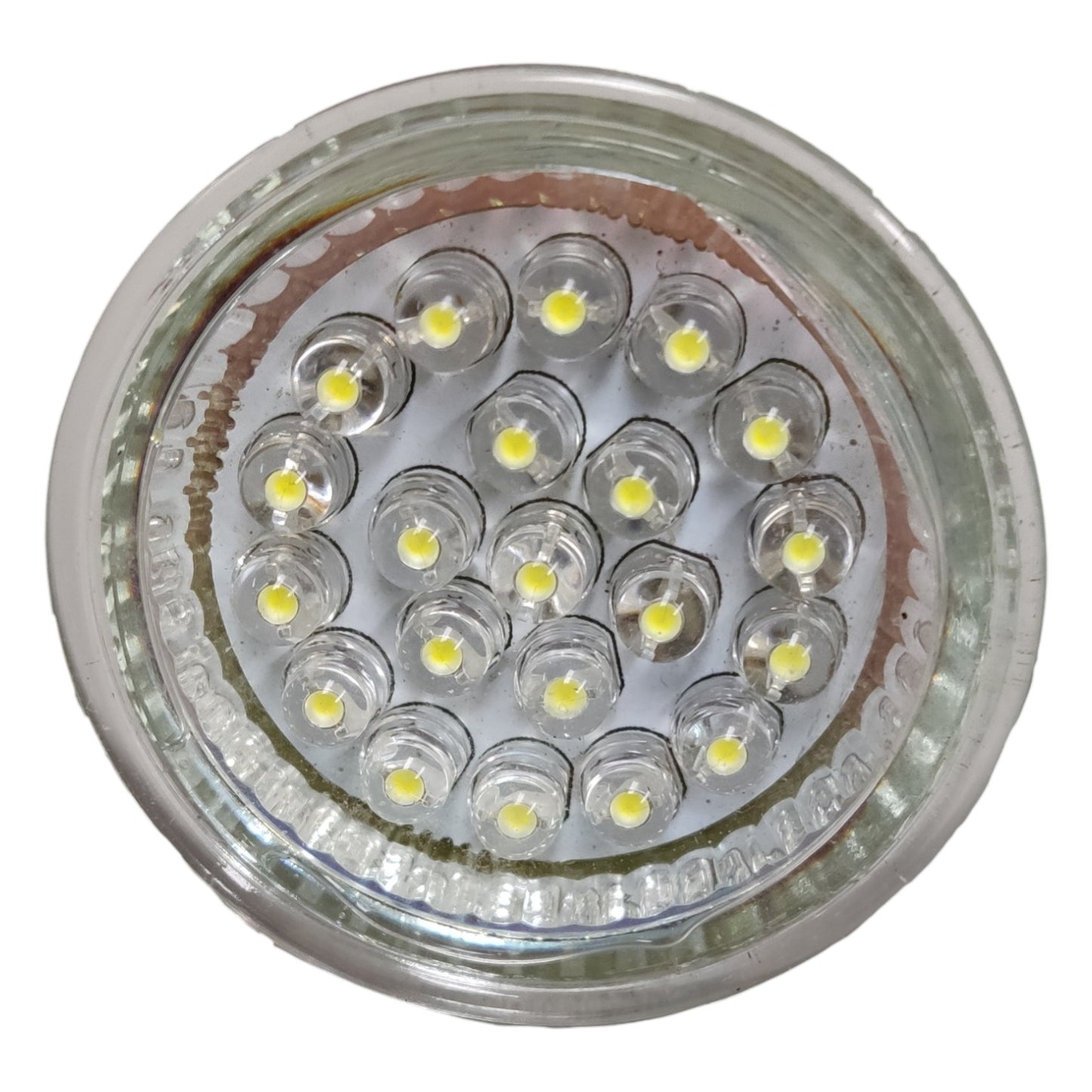 Close-up of a LED light bulb with multiple small LEDs on a white background