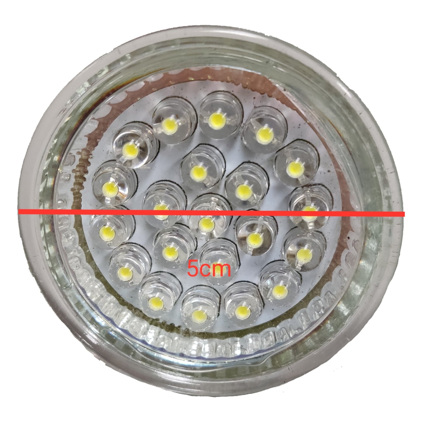 LED light bulb with measurement of 5cm on a white background