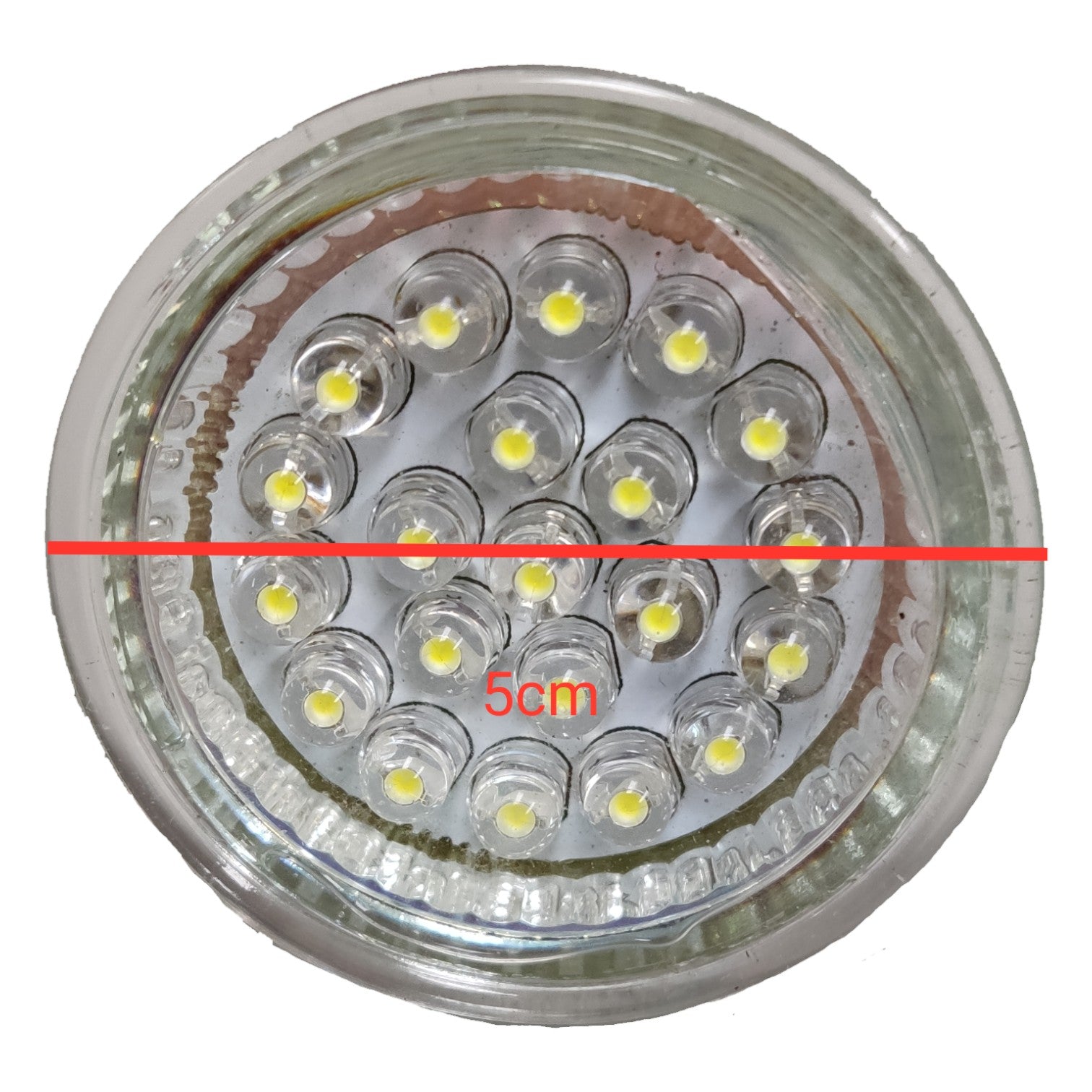 LED light bulb with measurement of 5cm on a white background