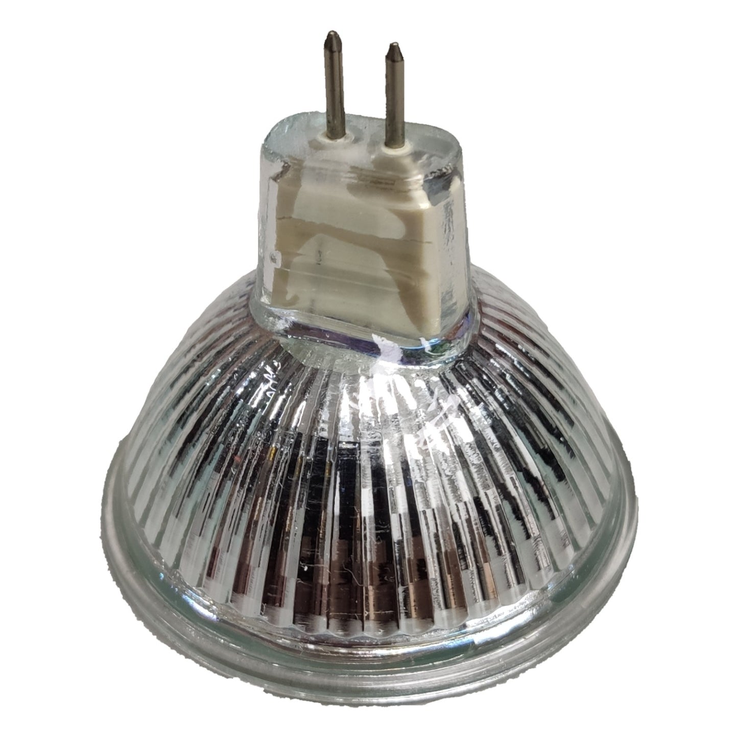 Clear halogen lamp bulb on a white background