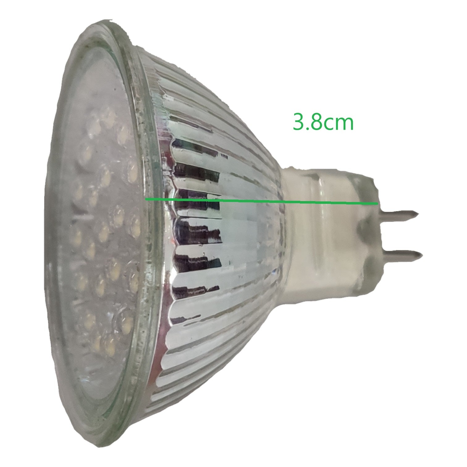 LED light bulb with measurement label on a white background