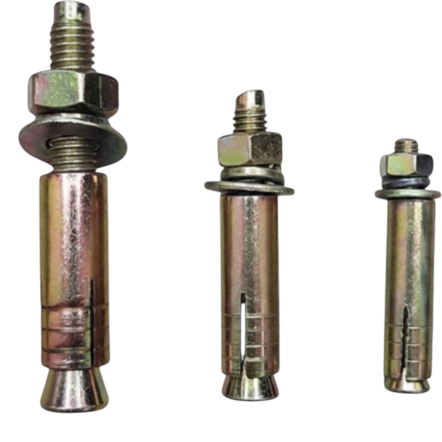 Three metal膨胀 bolts on a white background