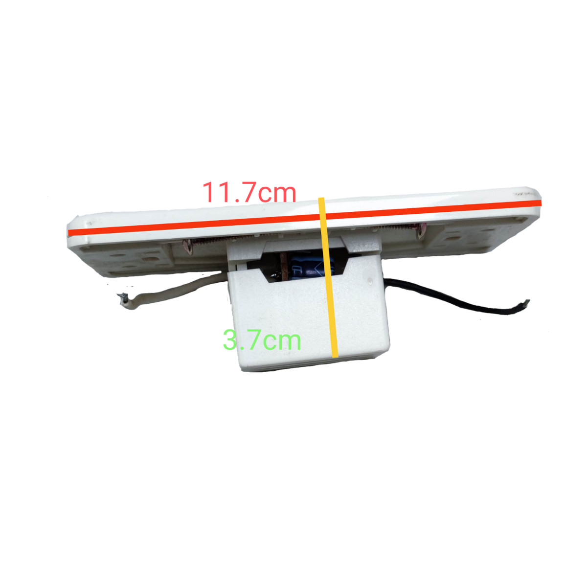 Omni 1 way touch sensor switch white wall plate side view with 11.7cm and 3.7cm depth measurements