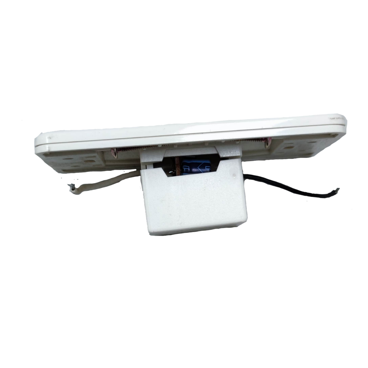 Omni white 1 way touch sensor switch rear view showing wiring and mounting module for wall installation
