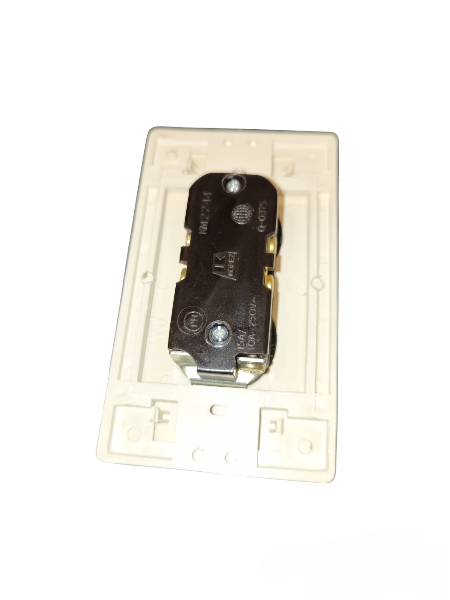 Kopez 2 gang flat pin outlet with ground power socket back view in white plastic casing