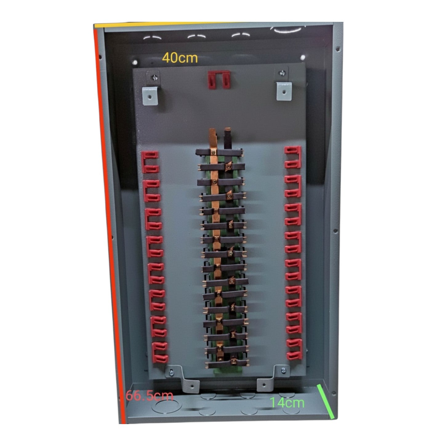 2 pole bolt on panel board with multiple circuit connections and measurement indicators for electrical installations