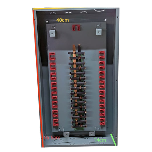 2 pole bolt on panel board with multiple circuit connections and measurement indicators for electrical installations