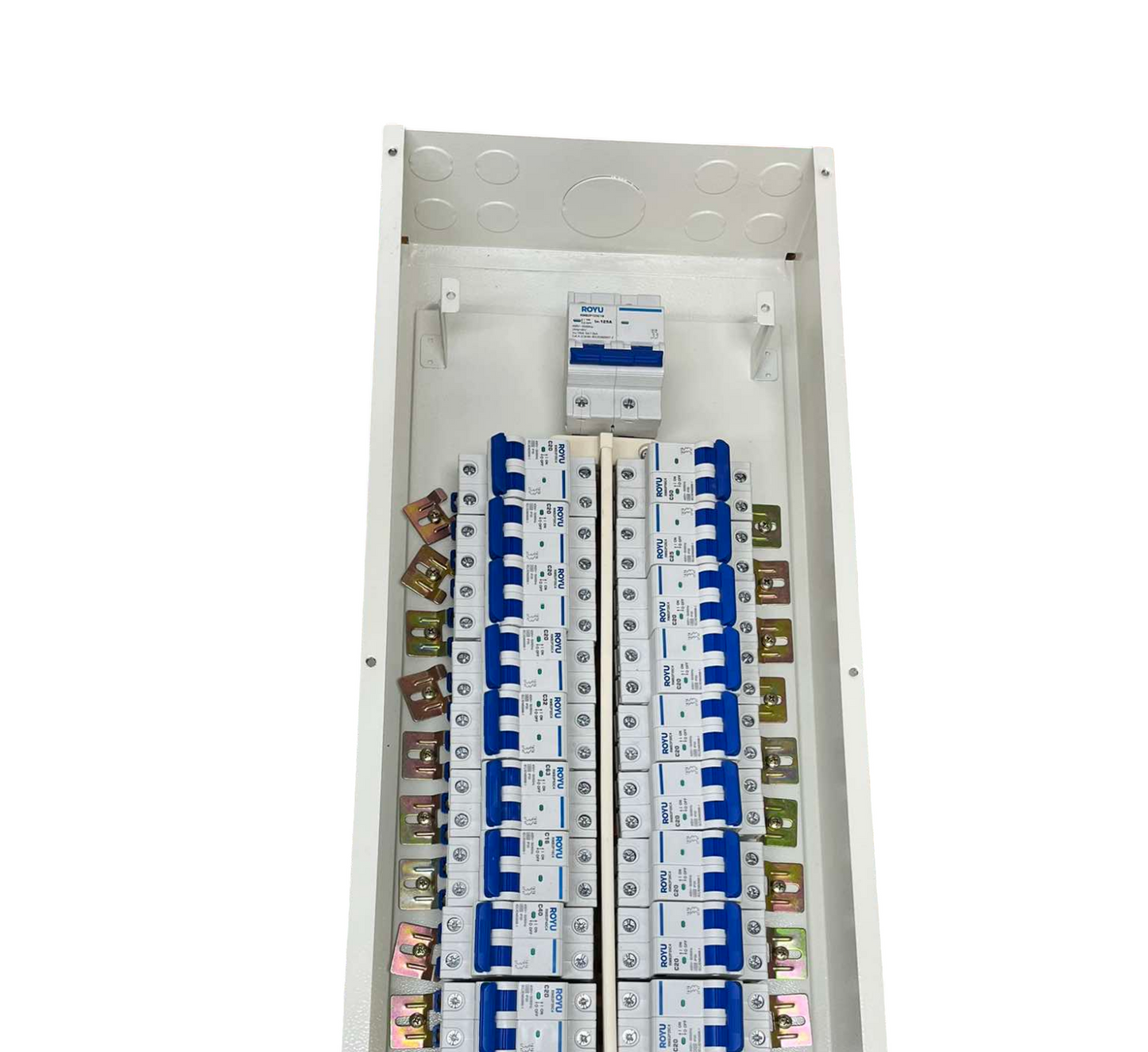 Royu & Koten electrical panel with 2 Pole Main and 18 Branches 2 Pole circuit breakers in white casing