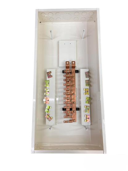 Koten 200 amp panel board with copper busbars and electrical circuitry components in white enclosure