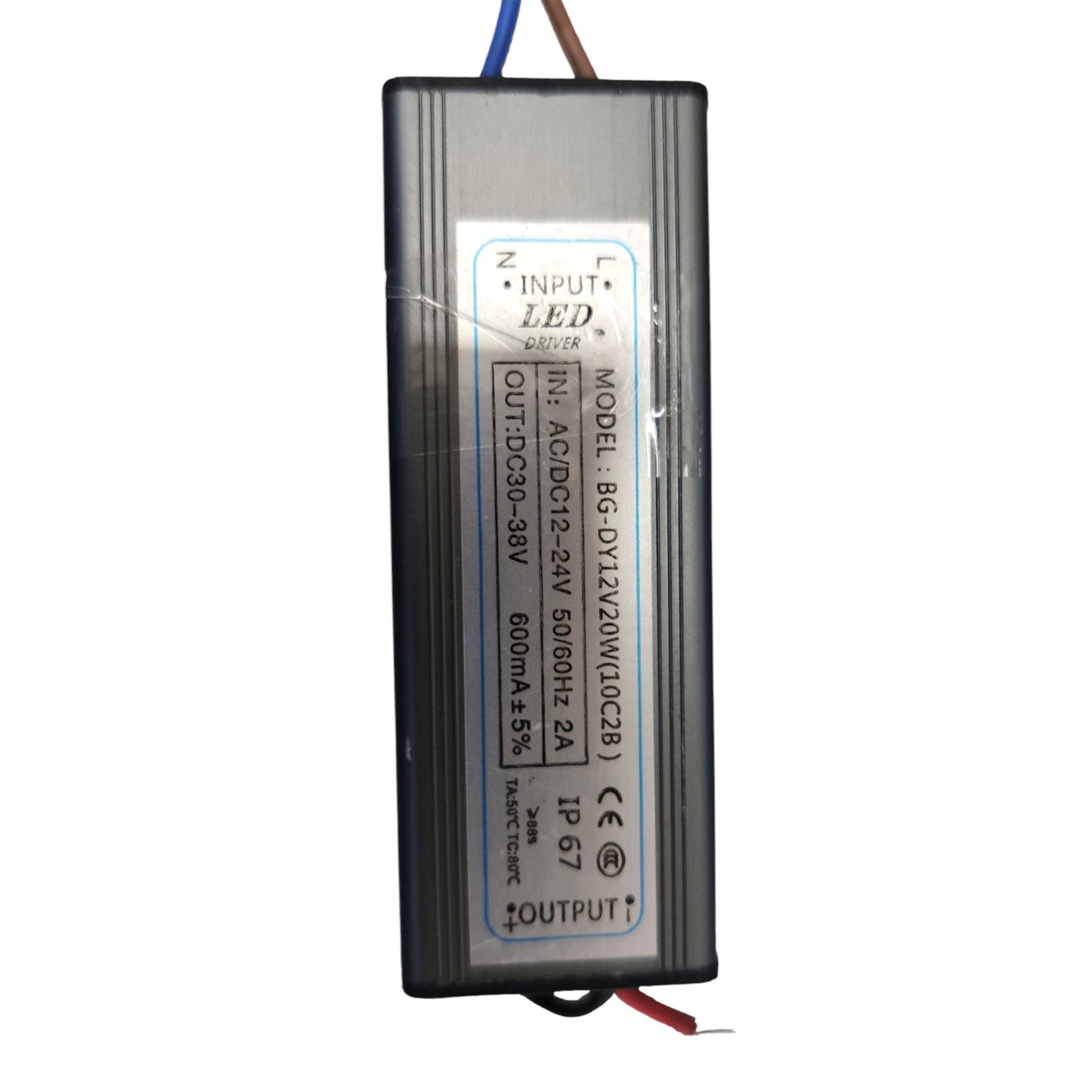 A 20W LED driver power supply with a black metal casing, featuring blue, brown, red, and black wires at the top and bottom. The front has a white label with technical specifications.
