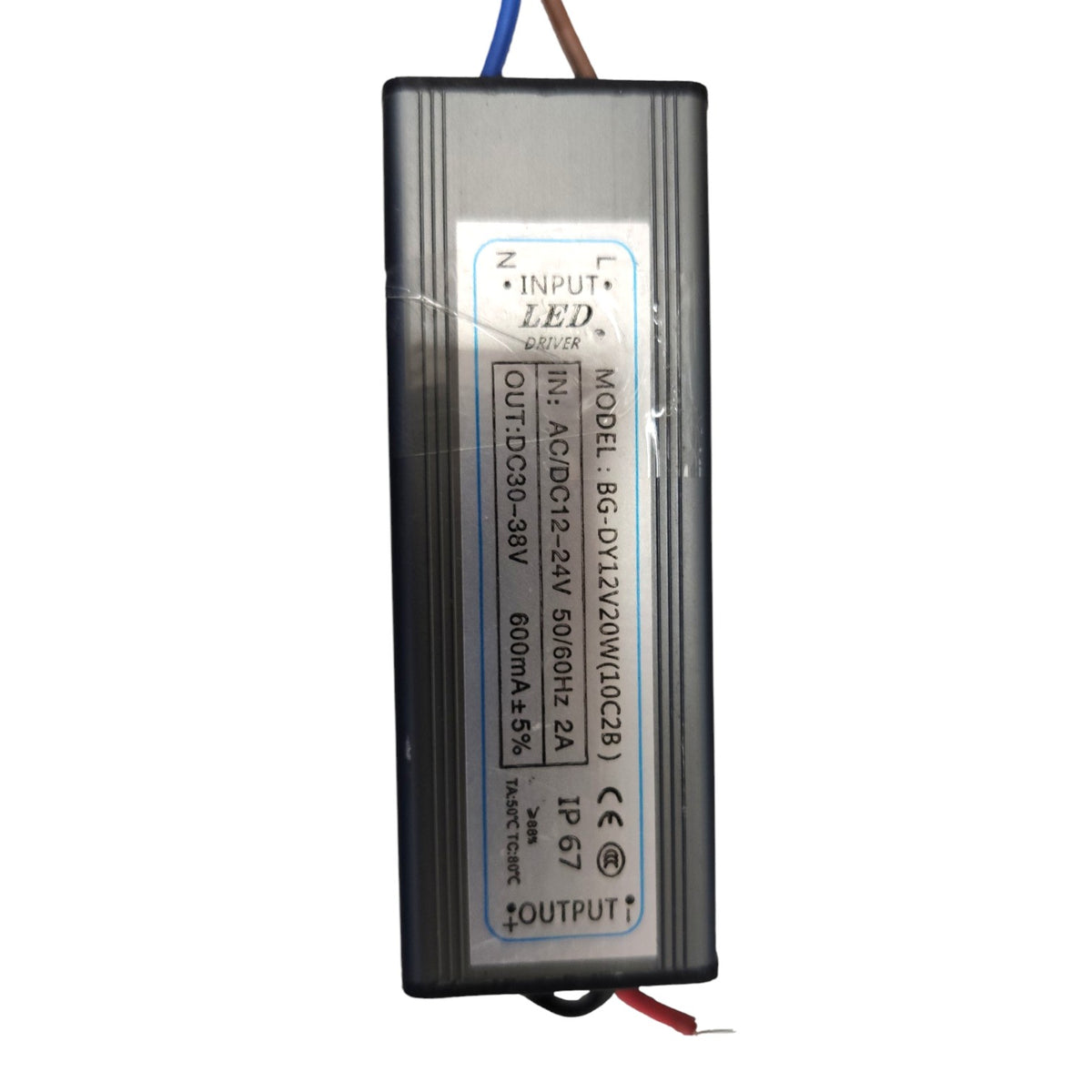 A 20W LED driver power supply with a black metal casing, featuring blue, brown, red, and black wires at the top and bottom. The front has a white label with technical specifications.