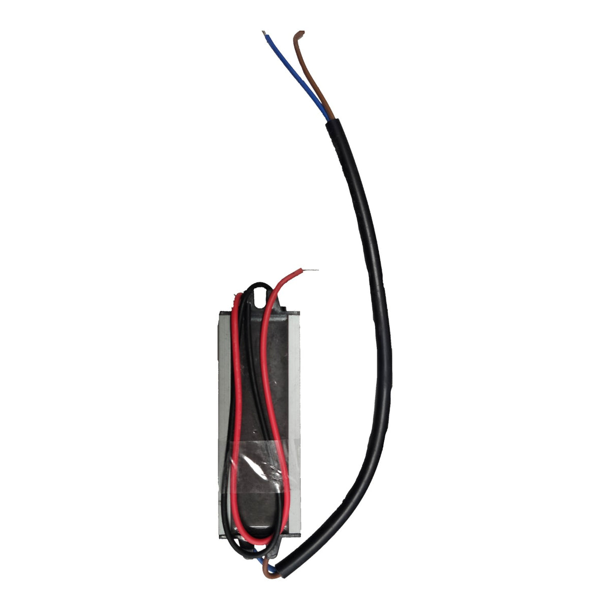A rectangular black electronic component with attached wires, including a thick black cable extending upward and thinner red and blue wires at the top, shown on a plain white background.
