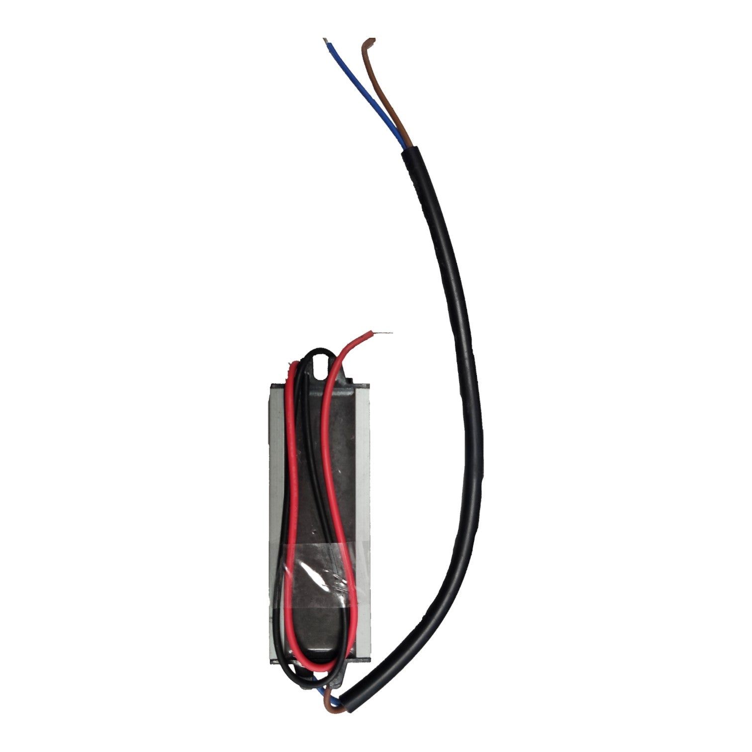 A rectangular black electronic component with attached wires, including a thick black cable extending upward and thinner red and blue wires at the top, shown on a plain white background.