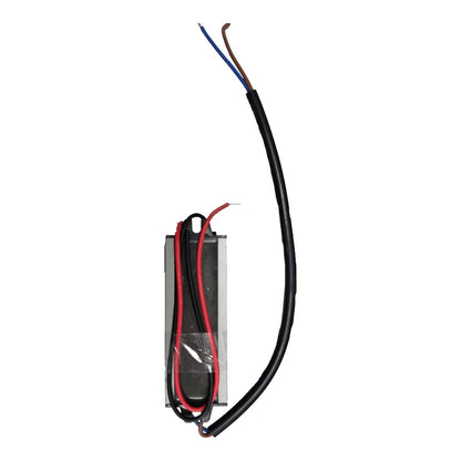 A rectangular black electronic component with attached wires, including a thick black cable extending upward and thinner red and blue wires at the top, shown on a plain white background.