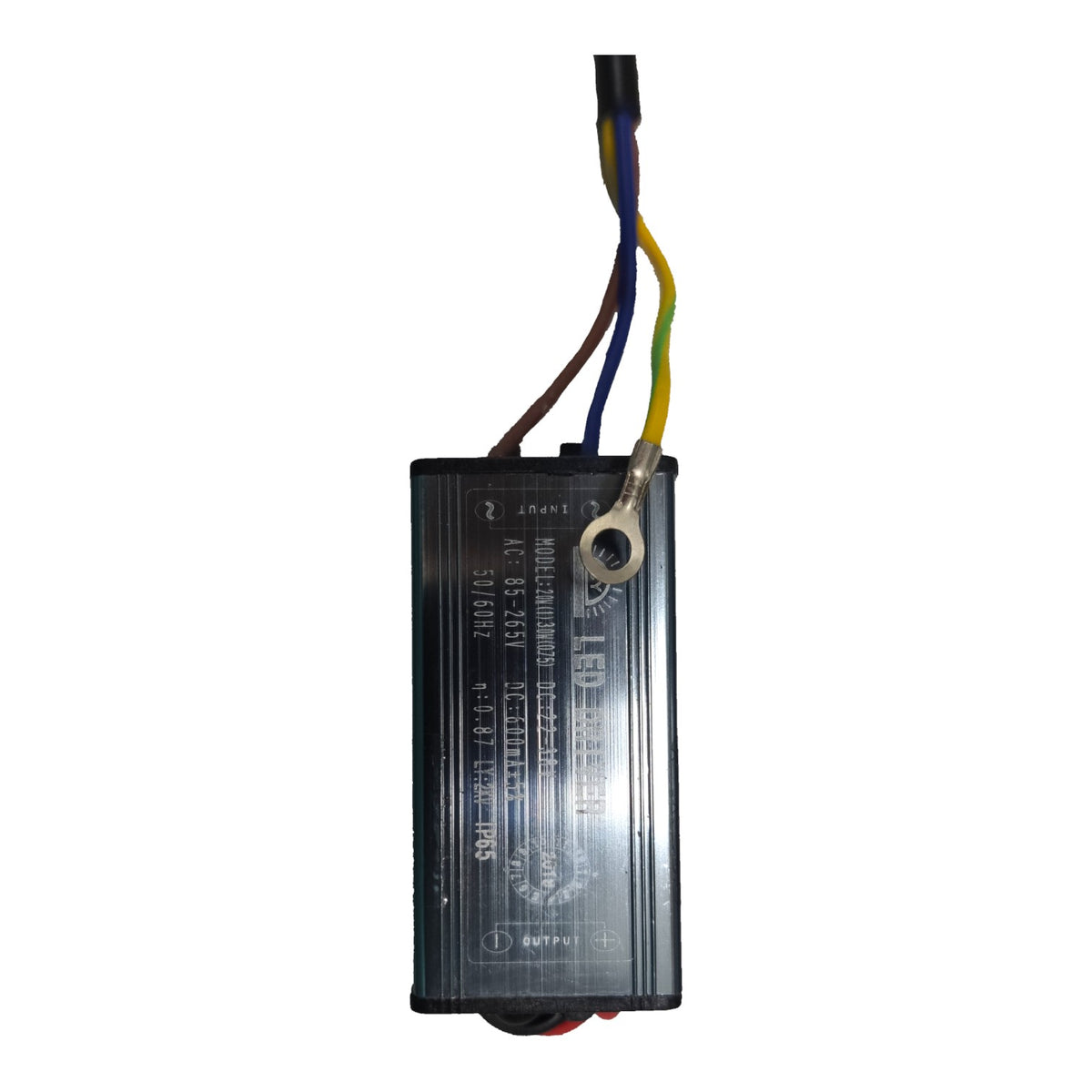 A black electronic power supply or battery charger with three wires (brown, blue, yellow) coming out of the top, shown against a plain white background.