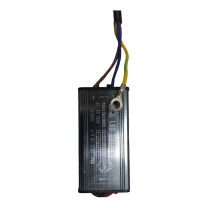 A black electronic power supply or battery charger with three wires (brown, blue, yellow) coming out of the top, shown against a plain white background.