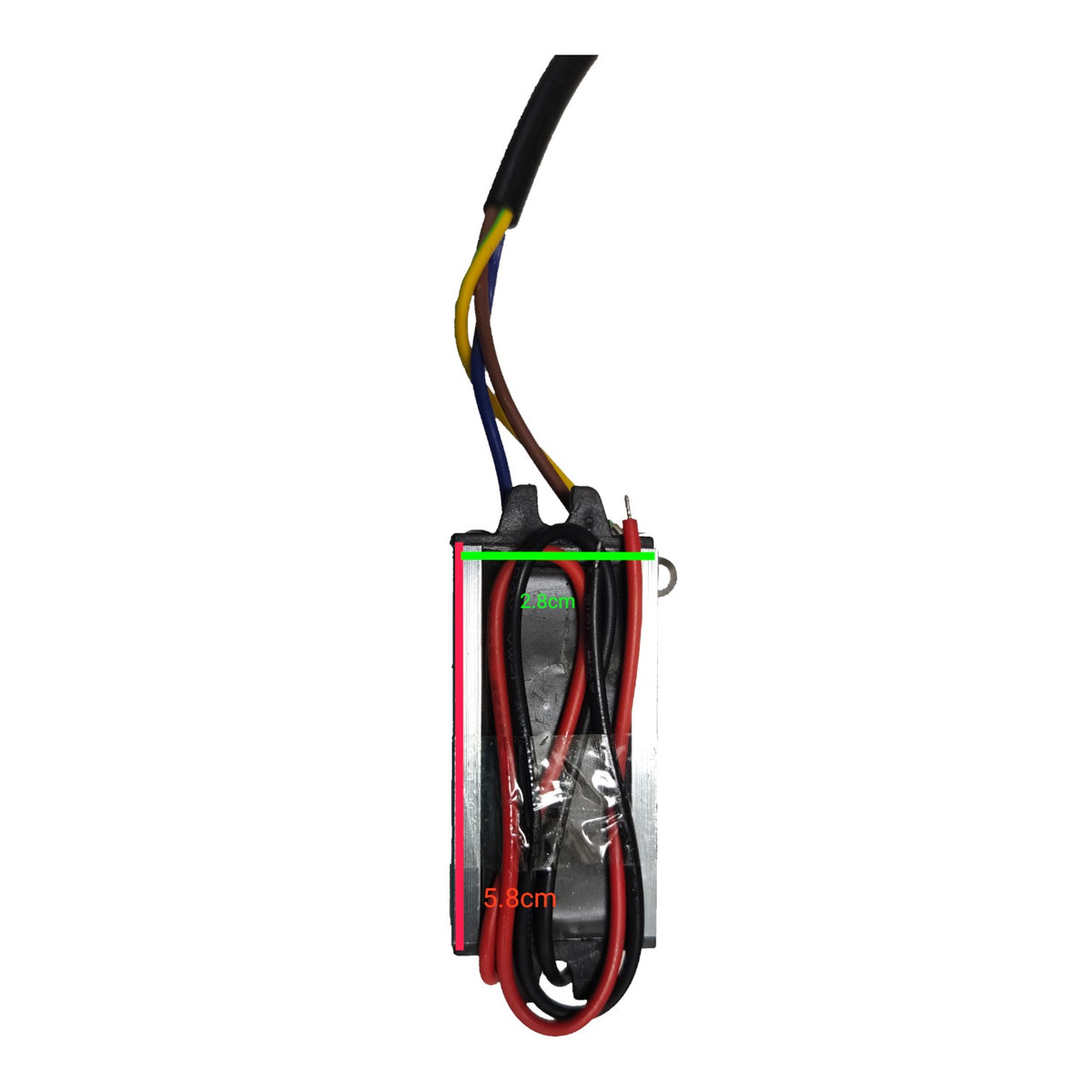 A brushed DC motor brush holder assembly with a black plastic frame, red and black wires, and a green wire, shown on a white background with dimension overlays.