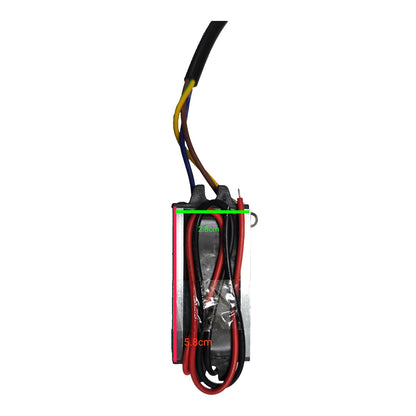 A brushed DC motor brush holder assembly with a black plastic frame, red and black wires, and a green wire, shown on a white background with dimension overlays.