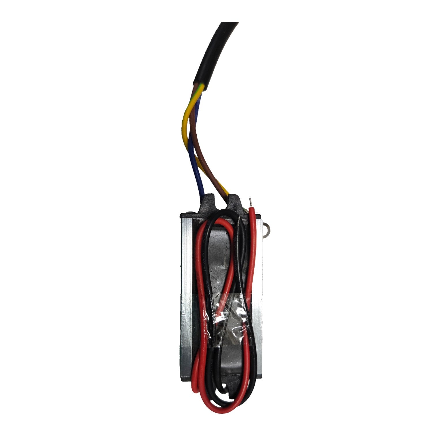 A small black electronic component with attached wires, including red, black, yellow, and blue leads, shown on a plain white background.