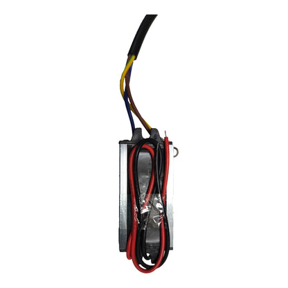 A small black electronic component with attached wires, including red, black, yellow, and blue leads, shown on a plain white background.