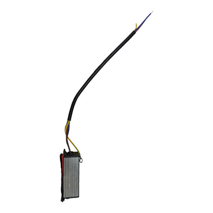 A small rectangular black and silver electronic component with attached wires, including a long black cable and smaller yellow, red, and blue leads, shown on a plain white background.