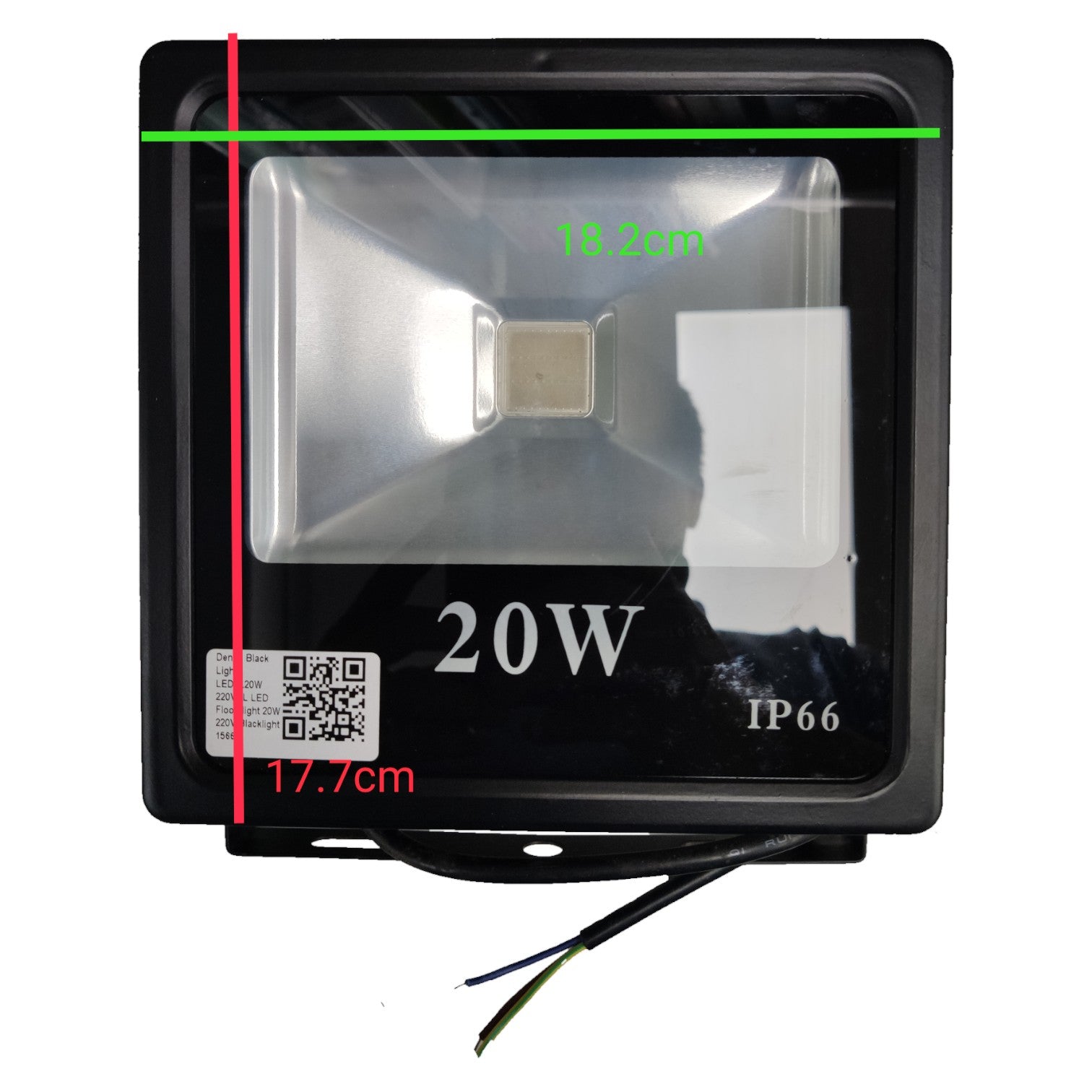 20W LED flood light with dimensions and certifications on a white background