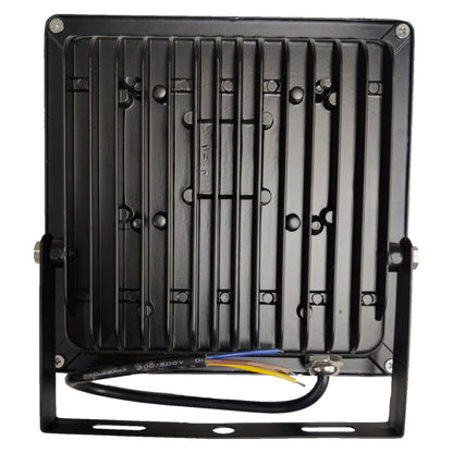 Black rectangular light fixture with cooling fins on a white background