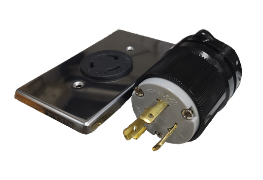 Grippes 20A Twist Lock Outlet with Plug 3 Pole featuring durable black and silver components
