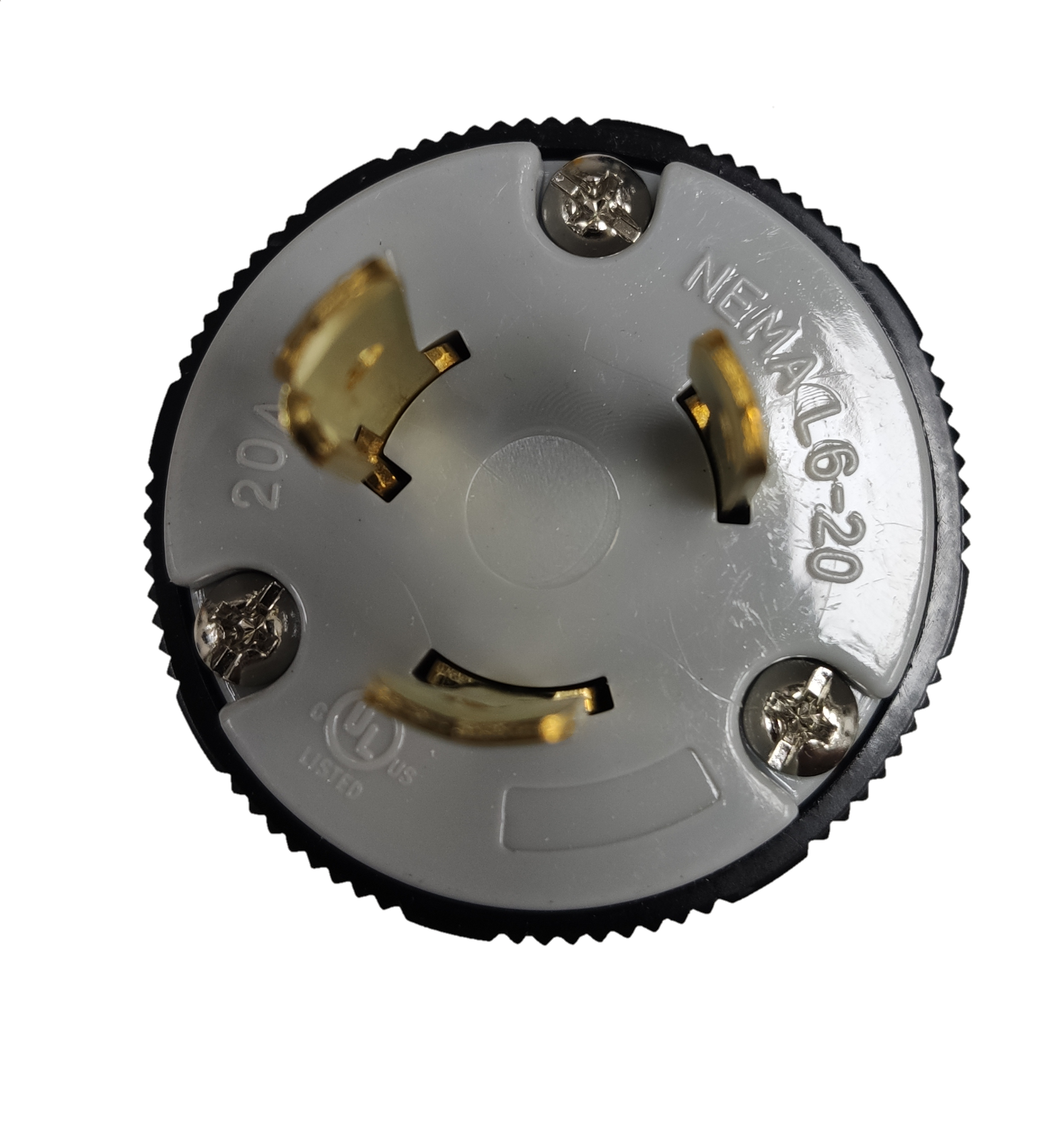 Grippes 20A twist lock plug and outlet with three brass prongs and gray casing for secure electrical connections