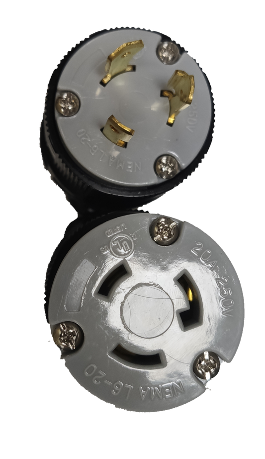 Grippes 20A twist lock plug and outlet with three gold prongs and secure screw terminals
