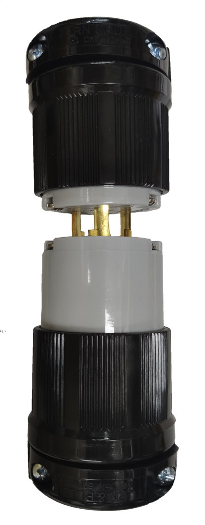 Grippes 20A twist lock plug and outlet with black and white durable housing for secure electrical connections