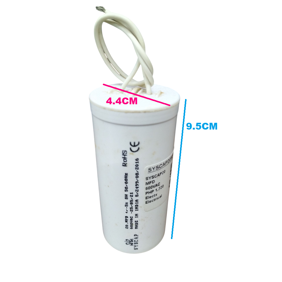 Syscap 20MFD motor running capacitor 600V with a cylindrical design and white casing