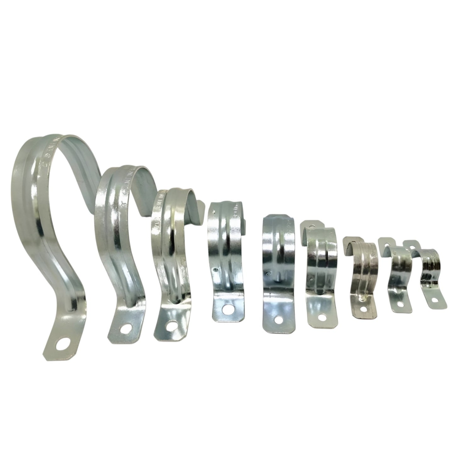Assorted metal clips including a 20mm two hole strap clamp for secure fastening and support