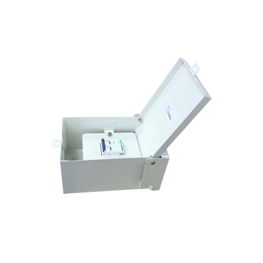 Schneider 220V NEMA 3R breaker with enclosure open to show internal components