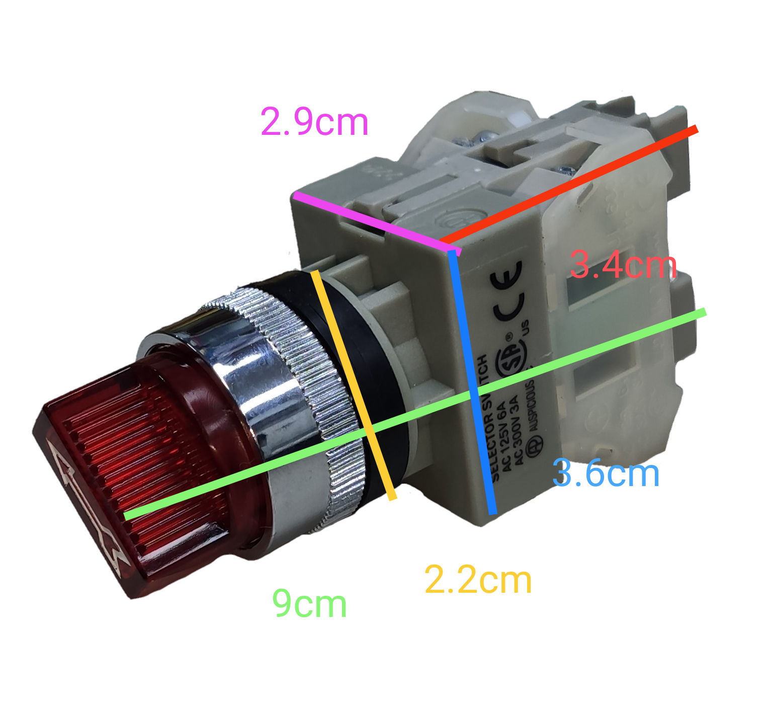 Auspicious 22mm illuminated selector switch with red knob and silver ring for power points and switches