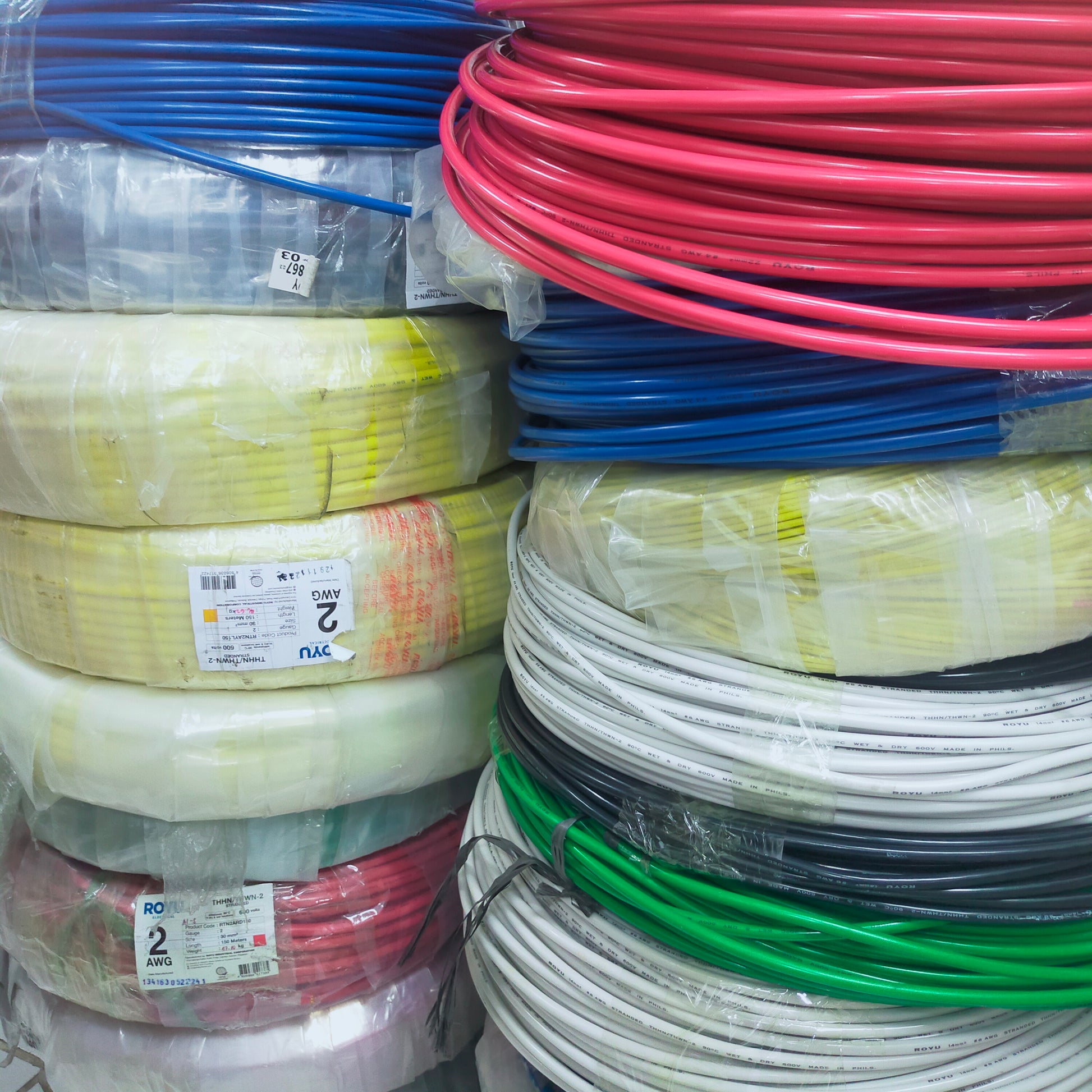 Royu 22mm yellow stranded 100 Meters Yellow wire stacked with various colored wires for electrical projects