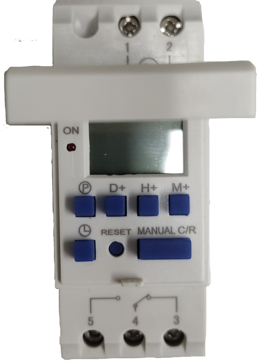 White 24 hour industrial timer switch with blue buttons and digital display for power control