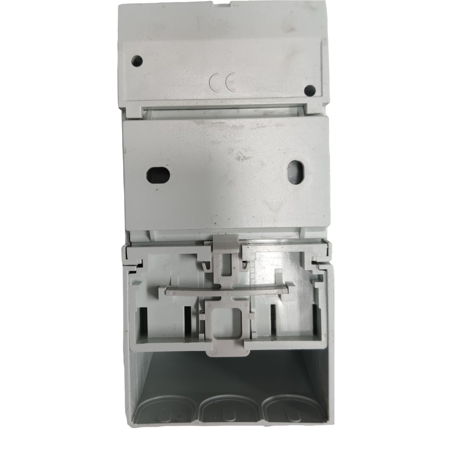 Metallic electrical junction box on a white background