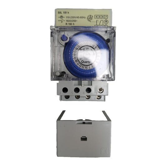 Electrical timer switch with blue faceplate on a white background