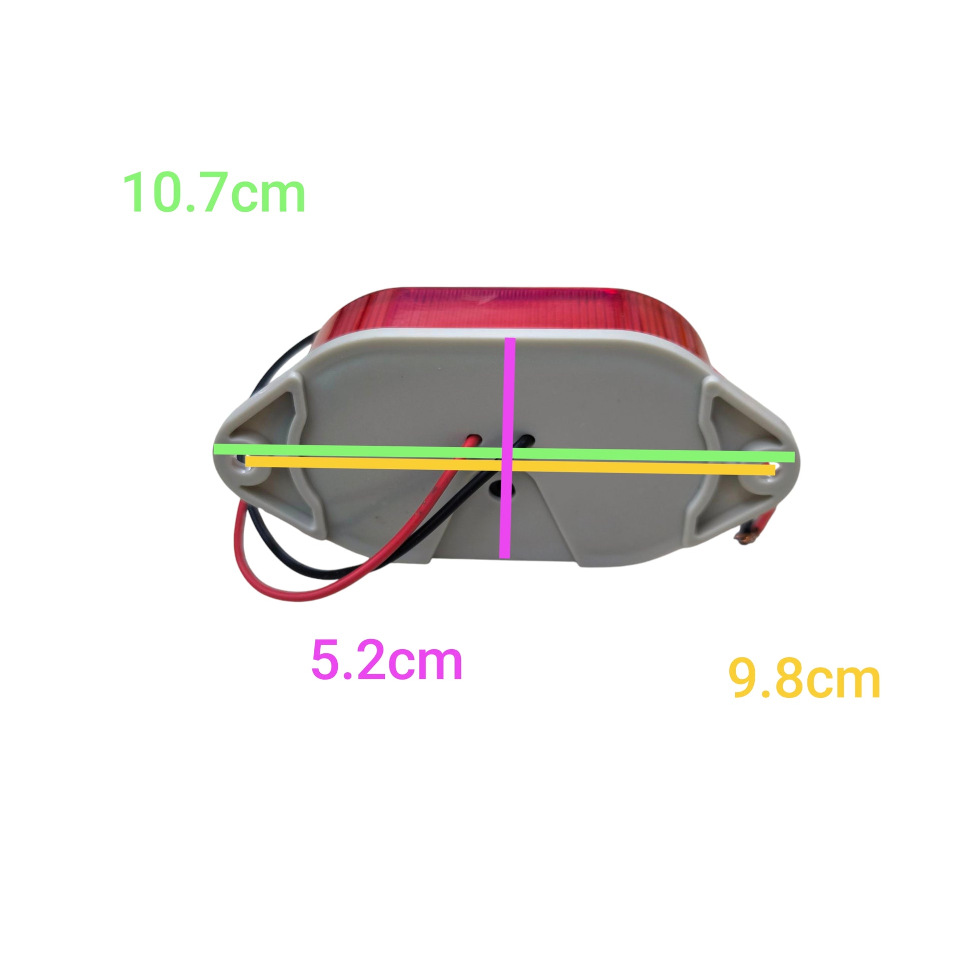 Denko 24V DC safety signal light with red lens and gray base showing cable wires and dimensions