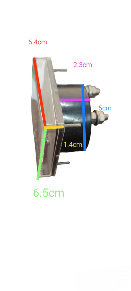 MEW 250mA DC 64mm x 65mm Panel Meter side view showing dimensions of electrical circuitry part