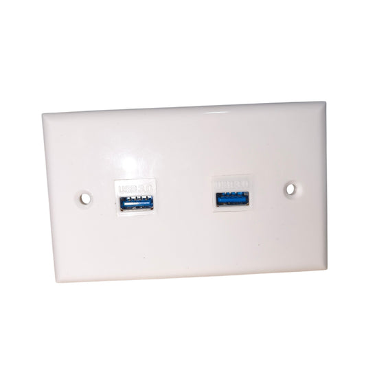 A white plastic dual USB 3.0 wall outlet plate with two blue USB ports and pre-drilled screw holes, shown on a plain white background.