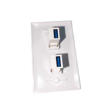 A white plastic dual USB-A port panel mount with two USB 3.0 ports visible, shown on a plain white background.