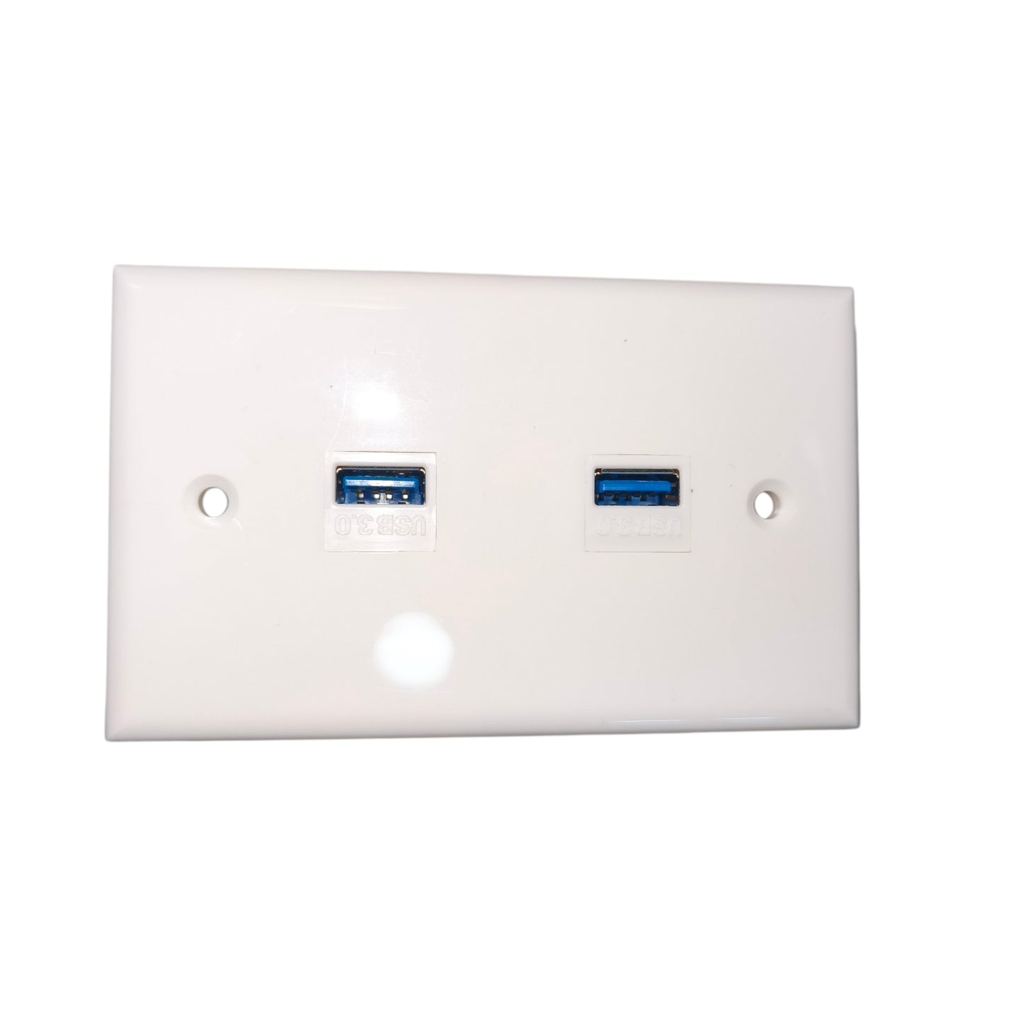A white plastic dual USB-A wall outlet cover plate with two blue USB 3.0 ports visible through the front cutouts, shown on a plain white background.